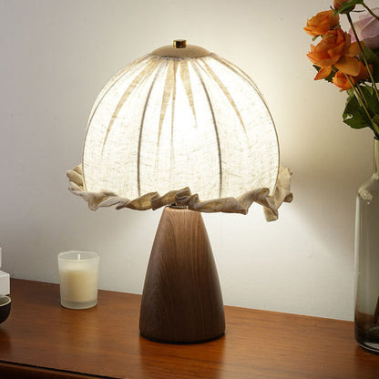 Traditional Rustic Dome Iron Walnut Wood Fabric 1-Light Table Lamp For Bedroom