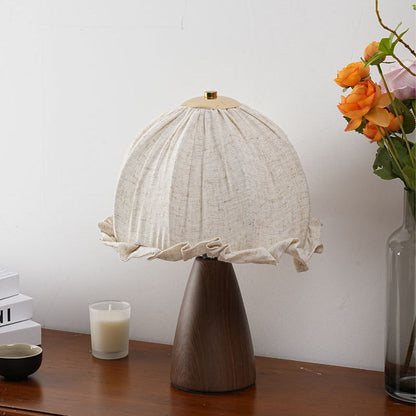 Traditional Rustic Dome Iron Walnut Wood Fabric 1-Light Table Lamp For Bedroom