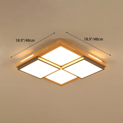 Traditional Japanese Square Solid Wood Metal LED Flush Mount Ceiling Light For Living Room