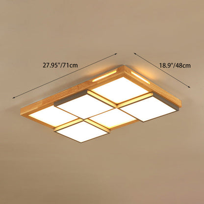 Traditional Japanese Square Solid Wood Metal LED Flush Mount Ceiling Light For Living Room