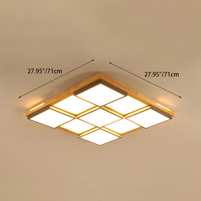 Traditional Japanese Square Solid Wood Metal LED Flush Mount Ceiling Light For Living Room