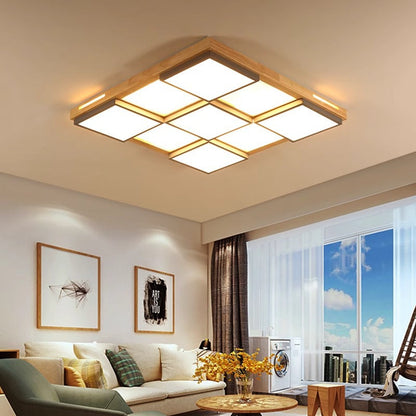 Traditional Japanese Square Solid Wood Metal LED Flush Mount Ceiling Light For Living Room