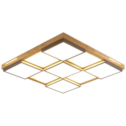 Traditional Japanese Square Solid Wood Metal LED Flush Mount Ceiling Light For Living Room
