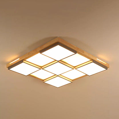 Traditional Japanese Square Solid Wood Metal LED Flush Mount Ceiling Light For Living Room
