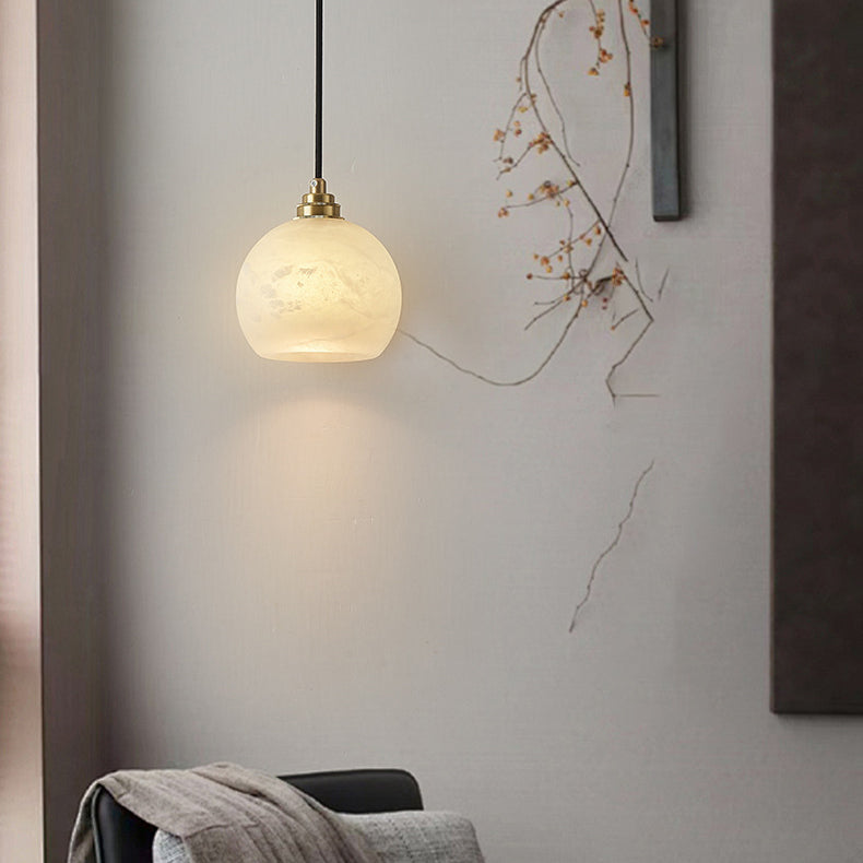 Traditional Chinese Ball Copper Jade 1-Light Pendant Light For Living Room
