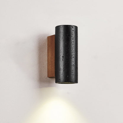 Modern Minimalist Cylinder Black Travertine Solid Wood 1-Light Wall Sconce Lamp For Living Room
