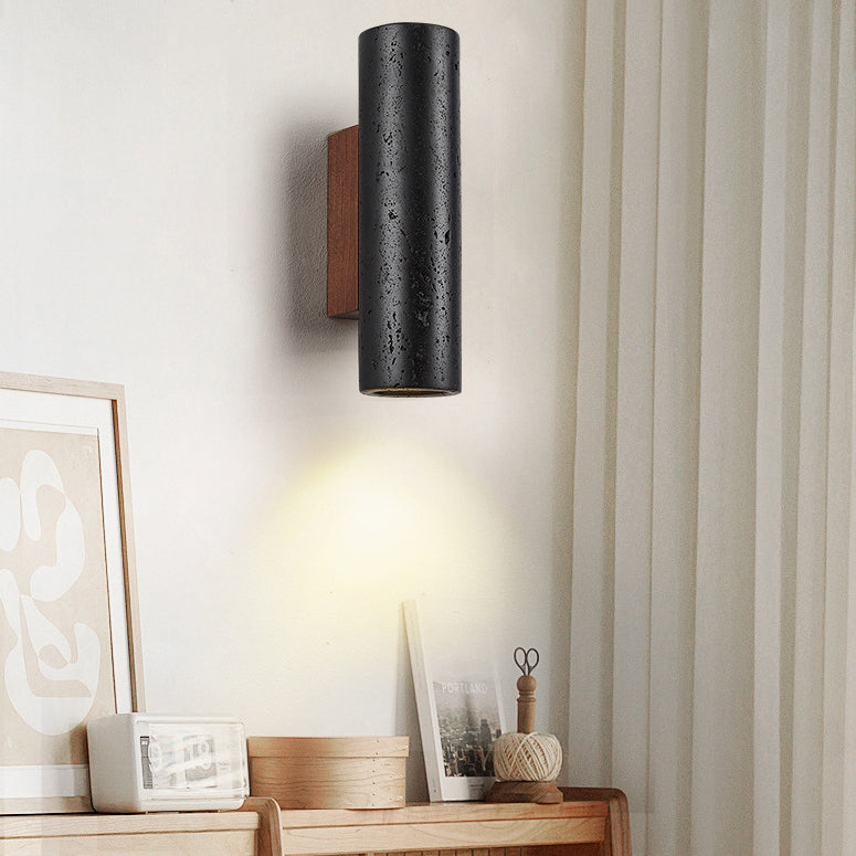 Modern Minimalist Cylinder Black Travertine Solid Wood 1-Light Wall Sconce Lamp For Living Room