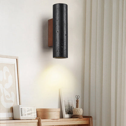 Modern Minimalist Cylinder Black Travertine Solid Wood 1-Light Wall Sconce Lamp For Living Room