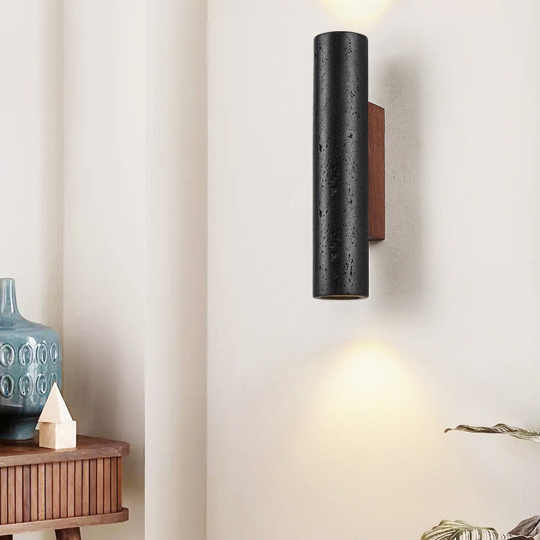 Modern Minimalist Cylinder Black Travertine Solid Wood 1-Light Wall Sconce Lamp For Living Room