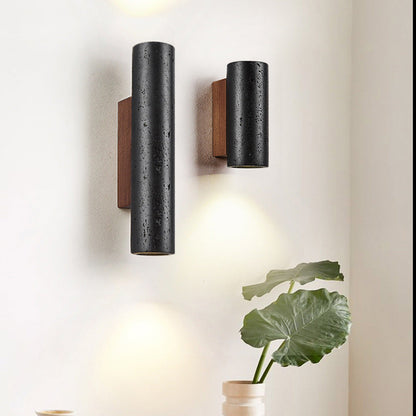 Modern Minimalist Cylinder Black Travertine Solid Wood 1-Light Wall Sconce Lamp For Living Room