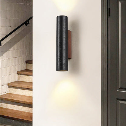 Modern Minimalist Cylinder Black Travertine Solid Wood 1-Light Wall Sconce Lamp For Living Room