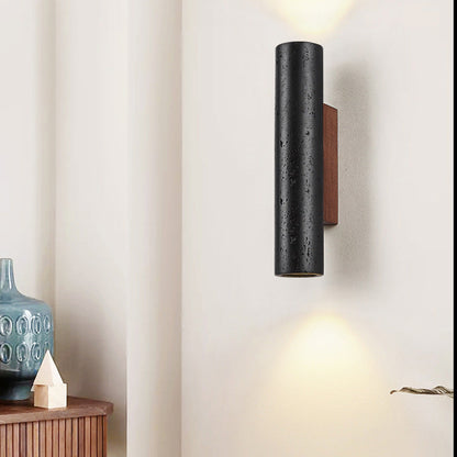 Modern Minimalist Cylinder Black Travertine Solid Wood 1-Light Wall Sconce Lamp For Living Room