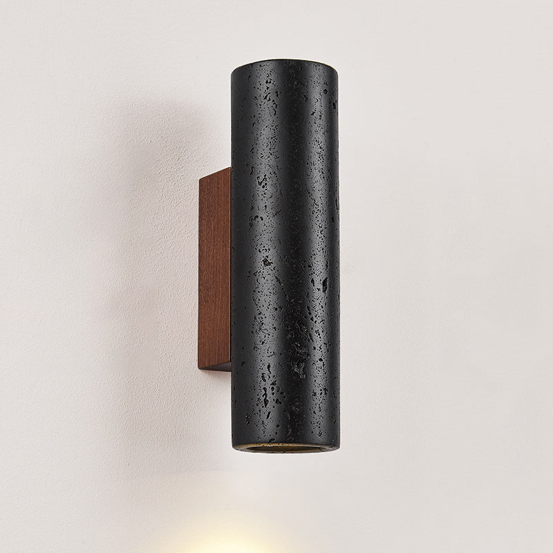 Modern Minimalist Cylinder Black Travertine Solid Wood 1-Light Wall Sconce Lamp For Living Room