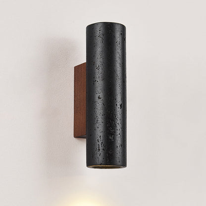 Modern Minimalist Cylinder Black Travertine Solid Wood 1-Light Wall Sconce Lamp For Living Room