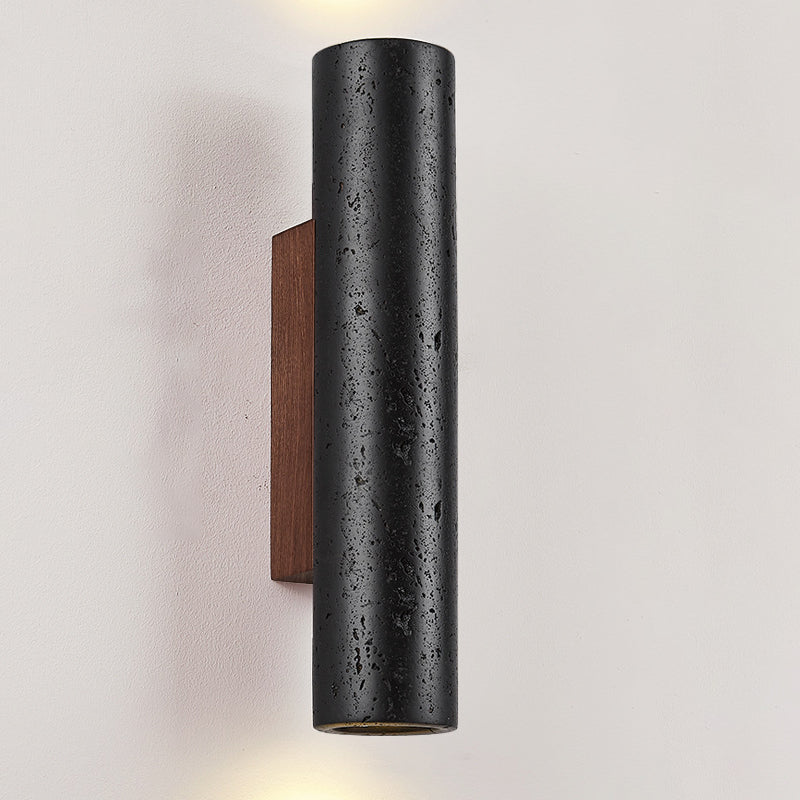 Modern Minimalist Cylinder Black Travertine Solid Wood 1-Light Wall Sconce Lamp For Living Room