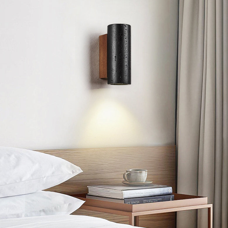 Modern Minimalist Cylinder Black Travertine Solid Wood 1-Light Wall Sconce Lamp For Living Room