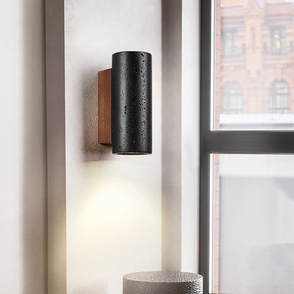 Modern Minimalist Cylinder Black Travertine Solid Wood 1-Light Wall Sconce Lamp For Living Room