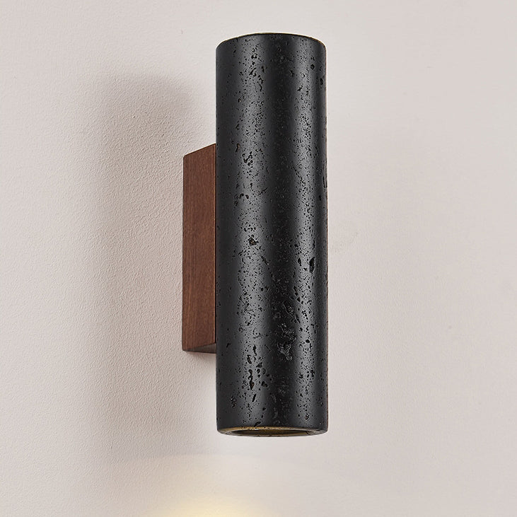 Modern Minimalist Cylinder Black Travertine Solid Wood 1-Light Wall Sconce Lamp For Living Room