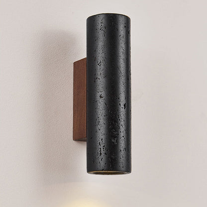 Modern Minimalist Cylinder Black Travertine Solid Wood 1-Light Wall Sconce Lamp For Living Room