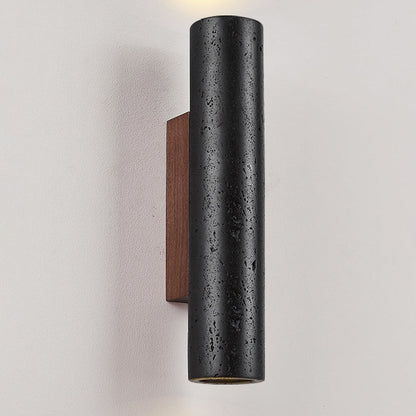 Modern Minimalist Cylinder Black Travertine Solid Wood 1-Light Wall Sconce Lamp For Living Room