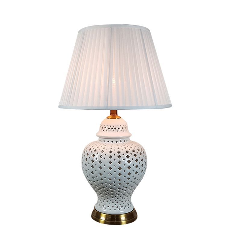 Traditional Vintage Frustum Cone Metal Ceramic Fabric 1-Light Table Lamp For Bedroom
