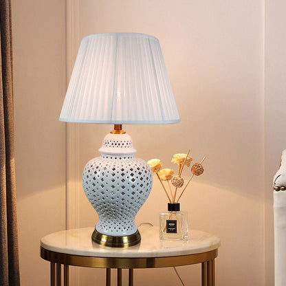 Traditional Vintage Frustum Cone Metal Ceramic Fabric 1-Light Table Lamp For Bedroom