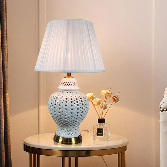Traditional Vintage Frustum Cone Metal Ceramic Fabric 1-Light Table Lamp For Bedroom