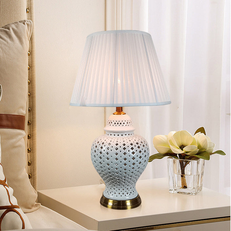 Traditional Vintage Frustum Cone Metal Ceramic Fabric 1-Light Table Lamp For Bedroom