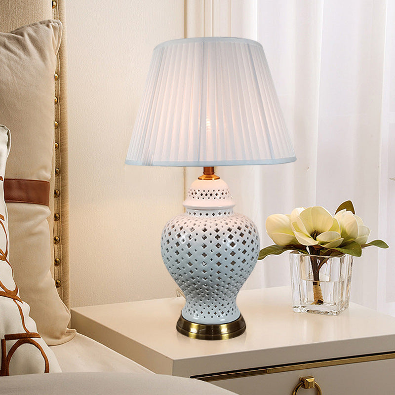 Traditional Vintage Frustum Cone Metal Ceramic Fabric 1-Light Table Lamp For Bedroom