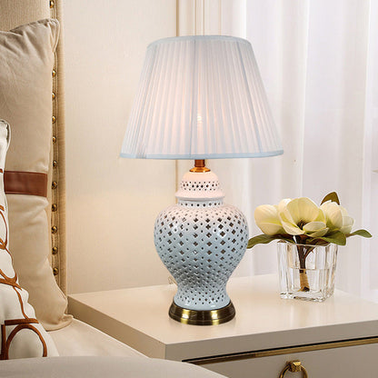 Traditional Vintage Frustum Cone Metal Ceramic Fabric 1-Light Table Lamp For Bedroom