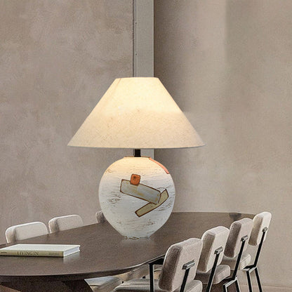 Traditional Japanese Frustum Cone Ceramic Fabric 1-Light Table Lamp For Bedroom