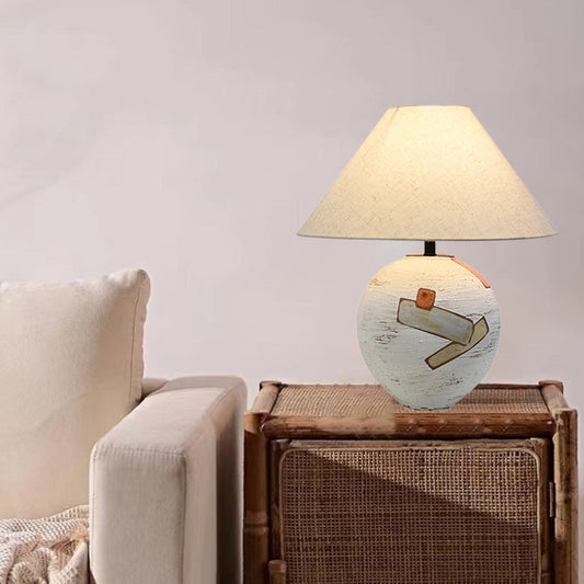 Traditional Japanese Frustum Cone Ceramic Fabric 1-Light Table Lamp For Bedroom
