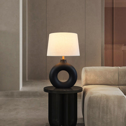 Traditional Japanese Circle Base Ceramic Fabric 1-Light Table Lamp For Bedroom