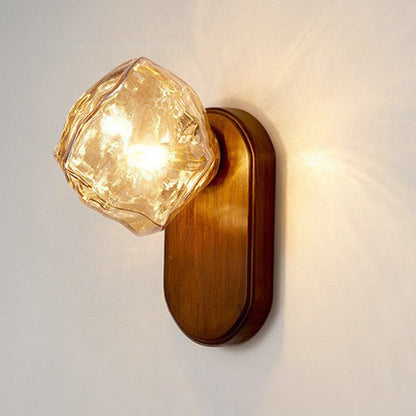 Modern Art Deco Irregular Ice Solid Wood Glass 1-Light Wall Sconce Lamp For Bedroom