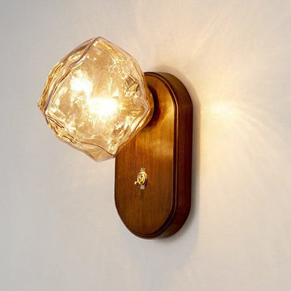 Modern Art Deco Irregular Ice Solid Wood Glass 1-Light Wall Sconce Lamp For Bedroom