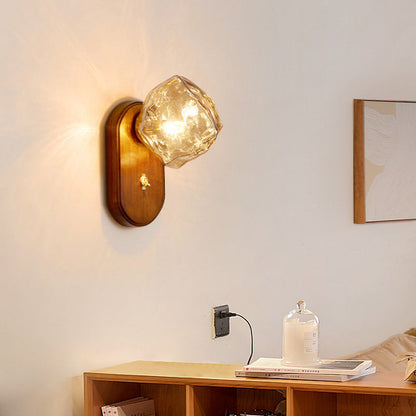 Modern Art Deco Irregular Ice Solid Wood Glass 1-Light Wall Sconce Lamp For Bedroom
