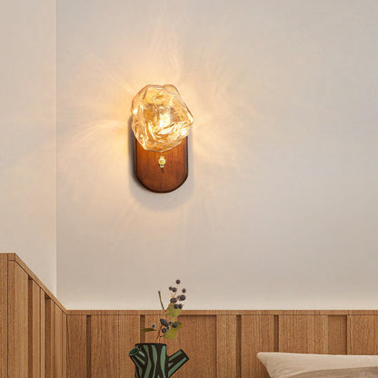 Modern Art Deco Irregular Ice Solid Wood Glass 1-Light Wall Sconce Lamp For Bedroom