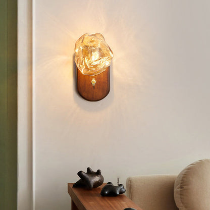 Modern Art Deco Irregular Ice Solid Wood Glass 1-Light Wall Sconce Lamp For Bedroom
