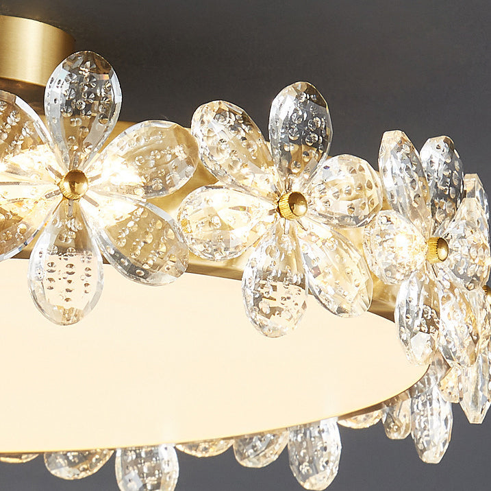 Modern Luxury Petal Round Copper Acrylic Crystal LED Flush Mount Ceiling Light For Bedroom