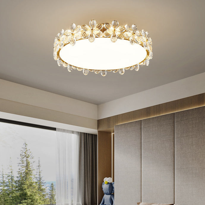 Modern Luxury Petal Round Copper Acrylic Crystal LED Flush Mount Ceiling Light For Bedroom