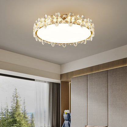 Modern Luxury Petal Round Copper Acrylic Crystal LED Flush Mount Ceiling Light For Bedroom