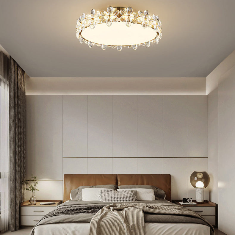 Modern Luxury Petal Round Copper Acrylic Crystal LED Flush Mount Ceiling Light For Bedroom