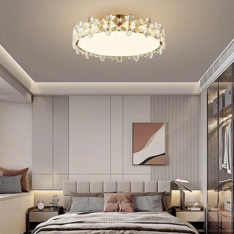 Modern Luxury Petal Round Copper Acrylic Crystal LED Flush Mount Ceiling Light For Bedroom