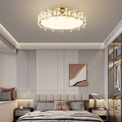 Modern Luxury Petal Round Copper Acrylic Crystal LED Flush Mount Ceiling Light For Bedroom