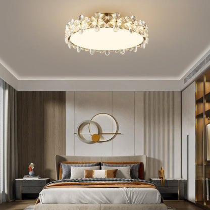 Modern Luxury Petal Round Copper Acrylic Crystal LED Flush Mount Ceiling Light For Bedroom