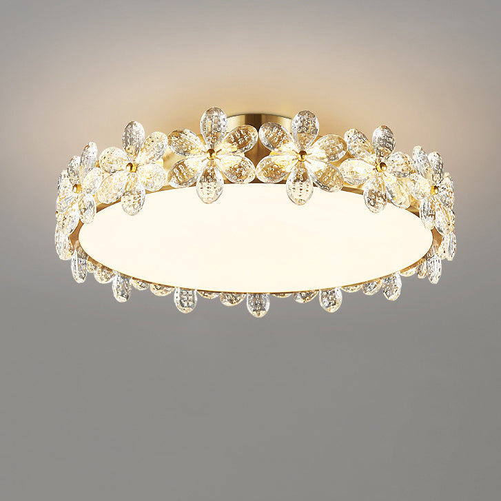 Modern Luxury Petal Round Copper Acrylic Crystal LED Flush Mount Ceiling Light For Bedroom