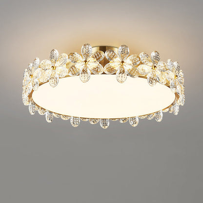 Modern Luxury Petal Round Copper Acrylic Crystal LED Flush Mount Ceiling Light For Bedroom