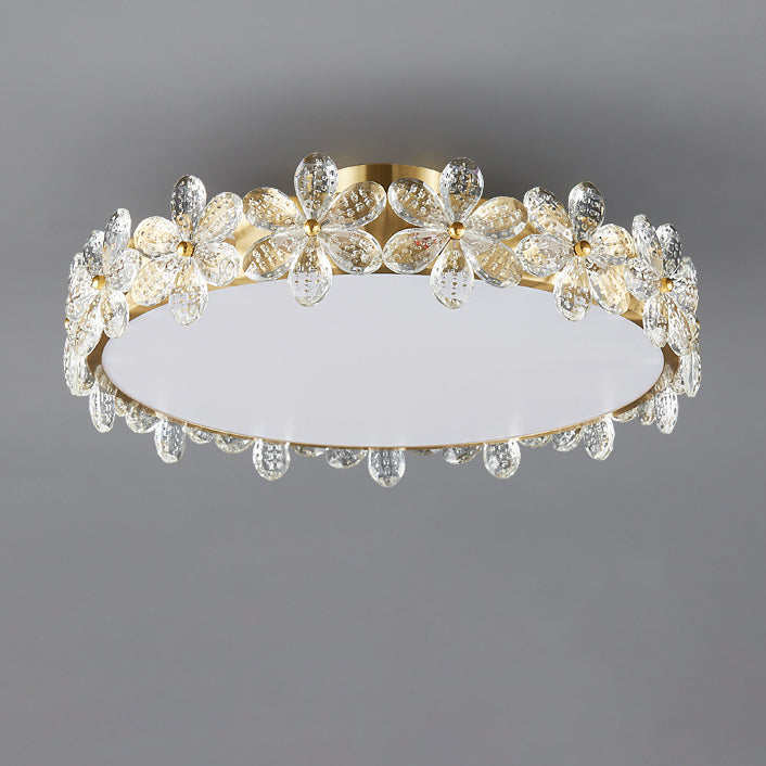 Modern Luxury Petal Round Copper Acrylic Crystal LED Flush Mount Ceiling Light For Bedroom