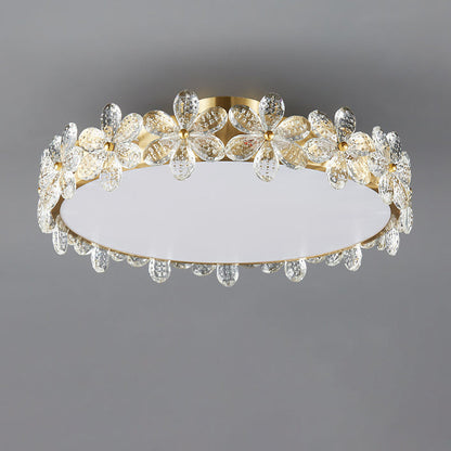 Modern Luxury Petal Round Copper Acrylic Crystal LED Flush Mount Ceiling Light For Bedroom