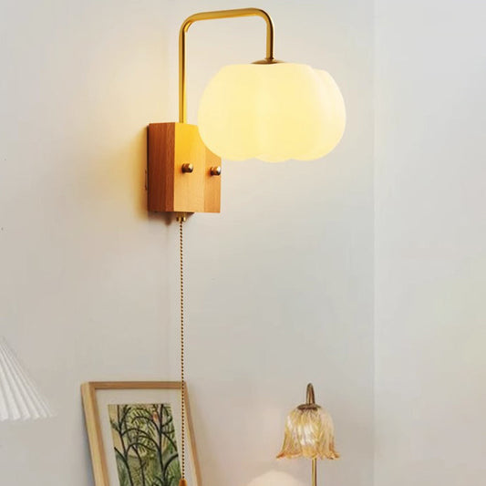 Traditional Chinese Pumpkin Solid Wood Acrylic 1-Light Wall Sconce Lamp For Bedroom